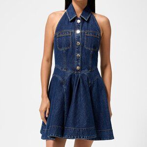 Self Portrait Flared dark wash denim halter dress